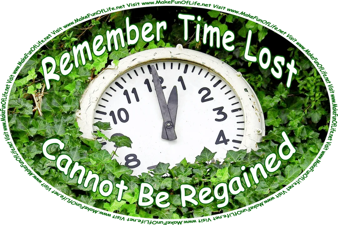 Picture of a clock lying on the ground, partially covered by the green leaves of ivy plants, and the words, ‘Remember Time Lost Cannot Be Regained - Visit www.MakeFunOfLife.net.’
