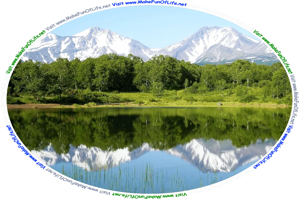 Picture of a lake surrounded by green grass and green leafy trees, with partially snow-covered mountains in the distance, a clear blue sky above, and the words, ‘Visit www.MakeFunOfLife.net.’