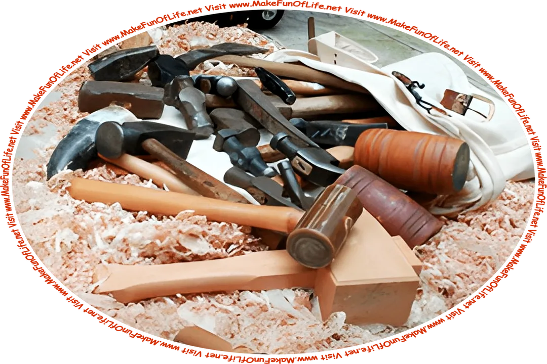 Picture of an assortment of woodworking tools and a canvas tool bag, surrounded by sawdust, and the words, ‘Visit www.MakeFunOfLife.net.’