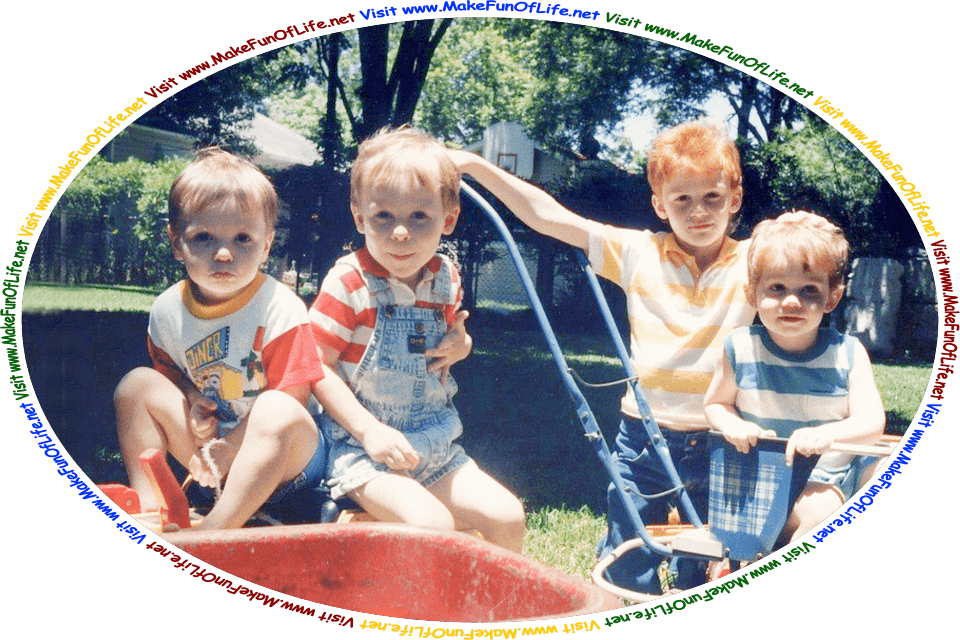 Picture of four boys playing outside in a grassy yard on a sunny day under the shade of a tree, and the words, ‘Visit www.MakeFunOfLife.net.’