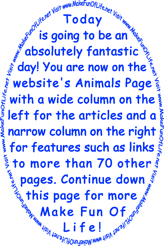 Today is going to be an absolutely fantastic day! You are now on the website’s Animals Page with a wide column on the left for the articles and a narrow column on the right for features such as links to more than 70 other pages. Continue down this page for more Make Fun Of Life!