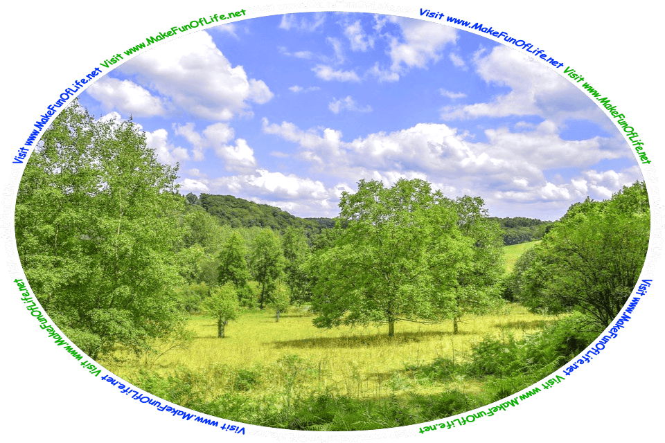 Photograph of a woodland area with green leafy trees, open areas of green grass, gently rolling green hills, a blue sky with white fluffy white clouds above, and the words, ‘Visit www.MakeFunOfLife.net.’
