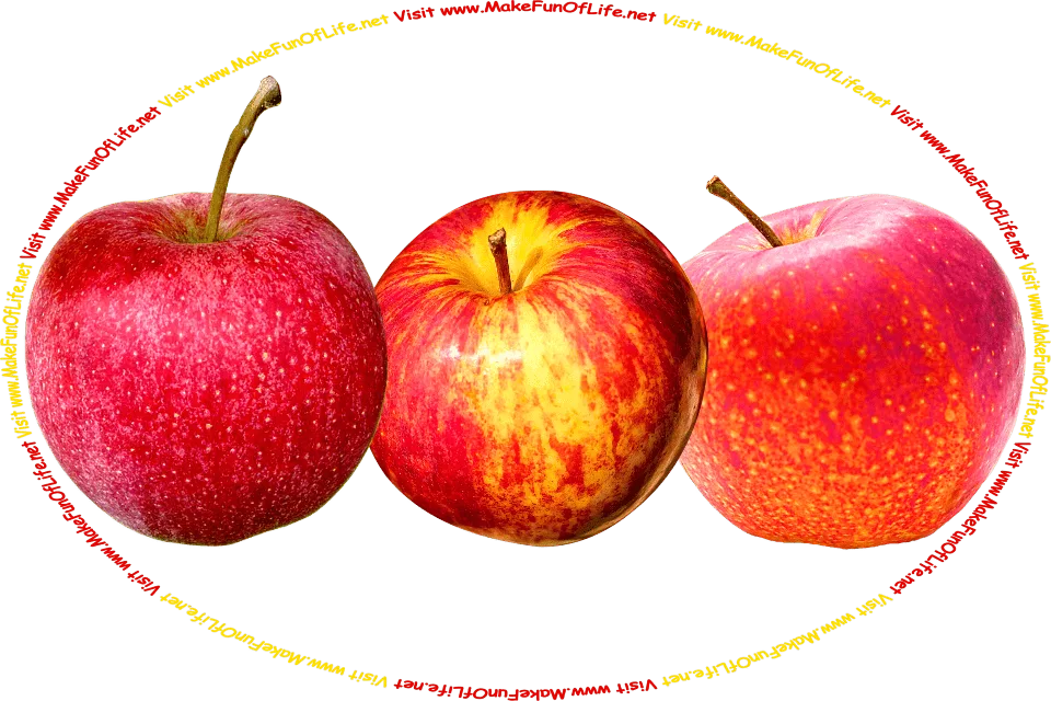 Picture of 3 ripe red apples, and the words, ‘Visit www.MakeFunOfLife.net.’