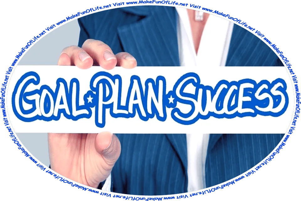 Picture of the three words, Goals - Plans - Success printed on a card held up by a person’s hand, and the words, Visit www.MakeFunOfLife.net.
