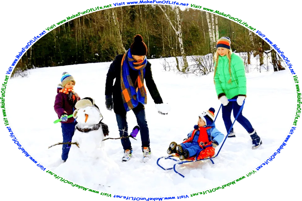 Picture of a father, a mother, and their two young sons, playing outdoors in the snow by building a snowman, and the words, Visit www.MakeFunOfLife.net.