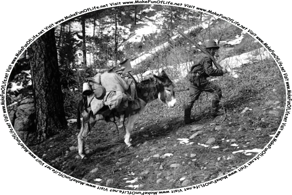 Picture of a prospector and a pack burro hiking up a rocky hillside, and the words, ‘Adventurer’s Luck Gathered By David Hugh Beaumont - Visit www.MakeFunOfLife.net.’