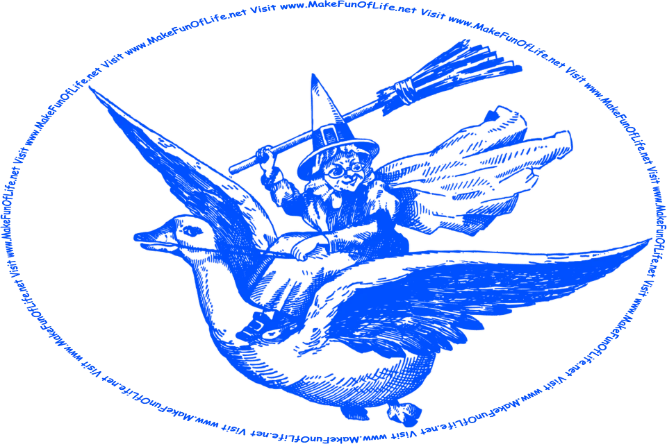 Picture of a woman sitting on the back of a large goose that is flying through the air, and the words, Visit www.MakeFunOfLife.net.