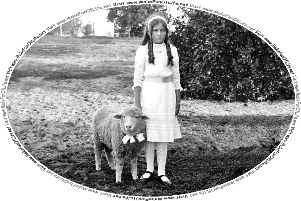 Picture of a girl standing next to a sheep, and the words, Visit www.MakeFunOfLife.net.