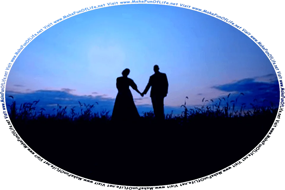 Picture of a couple silhouetted against an evening sky, while standing in a field and holding hands, and the words, Visit www.MakeFunOfLife.net.