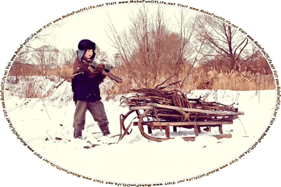 Picture of a boy gathering firewood in wintertime and stacking it on a small sled for towing across the fallen snow, and the words, Visit www.MakeFunOfLife.net.