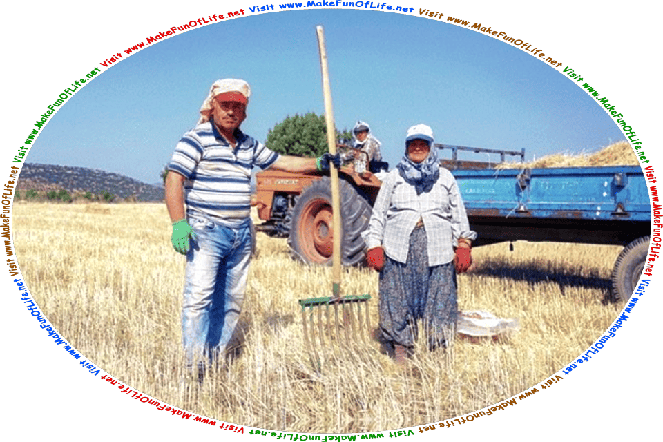 Picture of a man and a woman harvesting hay in a field, using a pitchfork to gather and throw the hay into a big long trailer pulled by a farm tractor that a third person is driving, under a clear blue sky, and the words, Visit www.MakeFunOfLife.net.