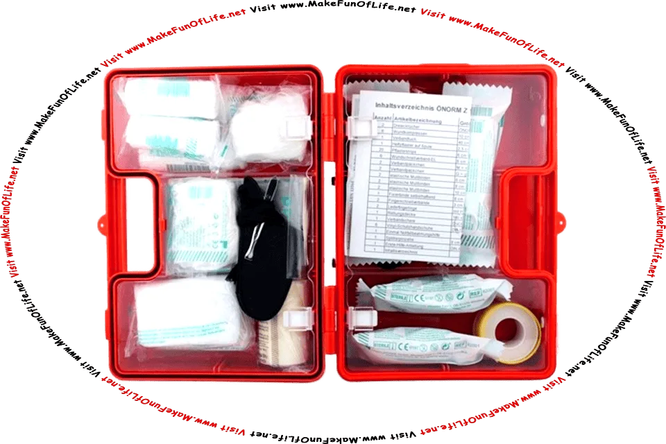 Picture of a first aid kit that is a red plastic box, open to show its contents, including cotton gauze rolls, tape, a list of its contents printed on a piece of paper, and the words, Visit www.MakeFunOfLife.net.