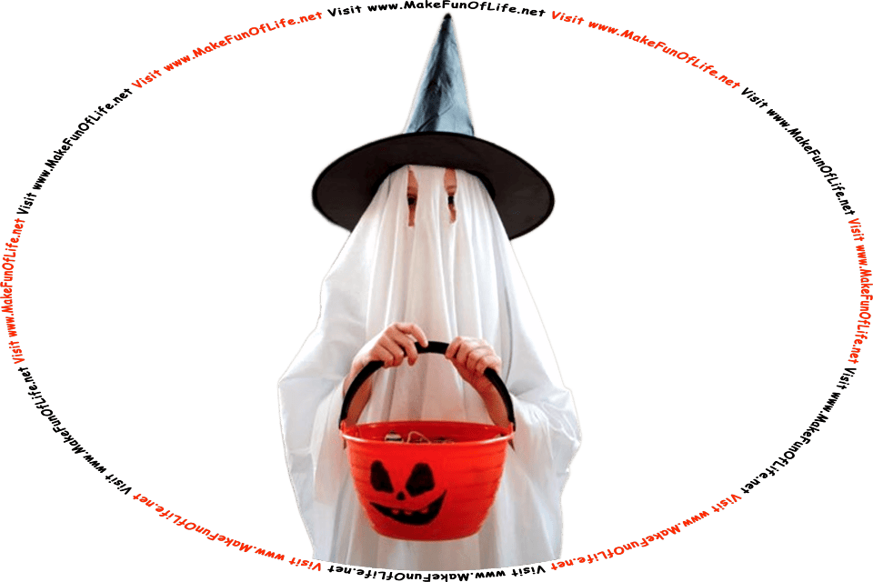 Picture of a child in a ghost costume, holding a bucket of candy, and the words, Visit www.MakeFunOfLife.net