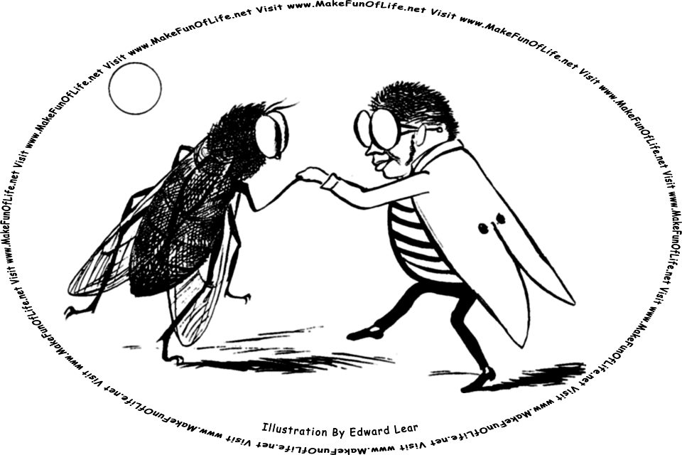 Sketch by Edward Lear of a man dancing with a human-sized bluebottle fly, and the words, Visit www.MakeFunOfLife.net.