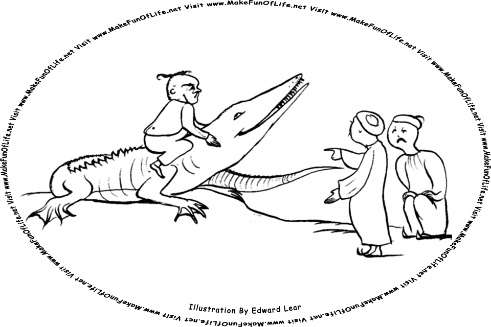 Sketch by Edward Lear of a man riding on the back of a crocodiles as two other men watch, and the words, Visit www.MakeFunOfLife.net.