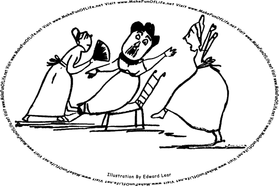 Sketch by Edward Lear of a woman screaming as two other women look at her, and the words, Visit www.MakeFunOfLife.net.