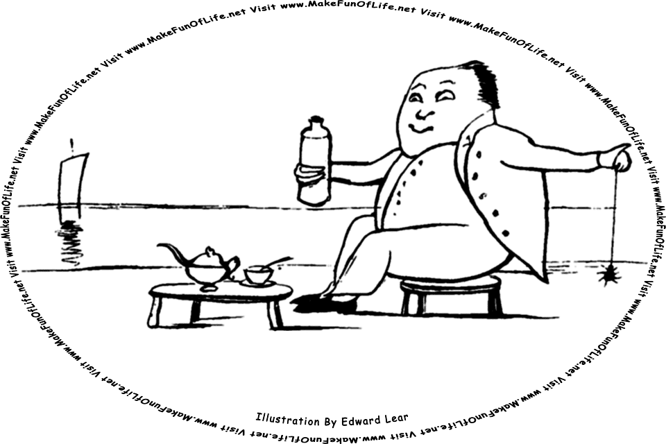 Sketch by Edward Lear of a happy smiling man sitting in a chair, holding in one hand a spider on the end of a strand of a spider web, a table on which is a teacup and teakettle, a sailboat in the water nearby, and the words, Visit www.MakeFunOfLife.net.