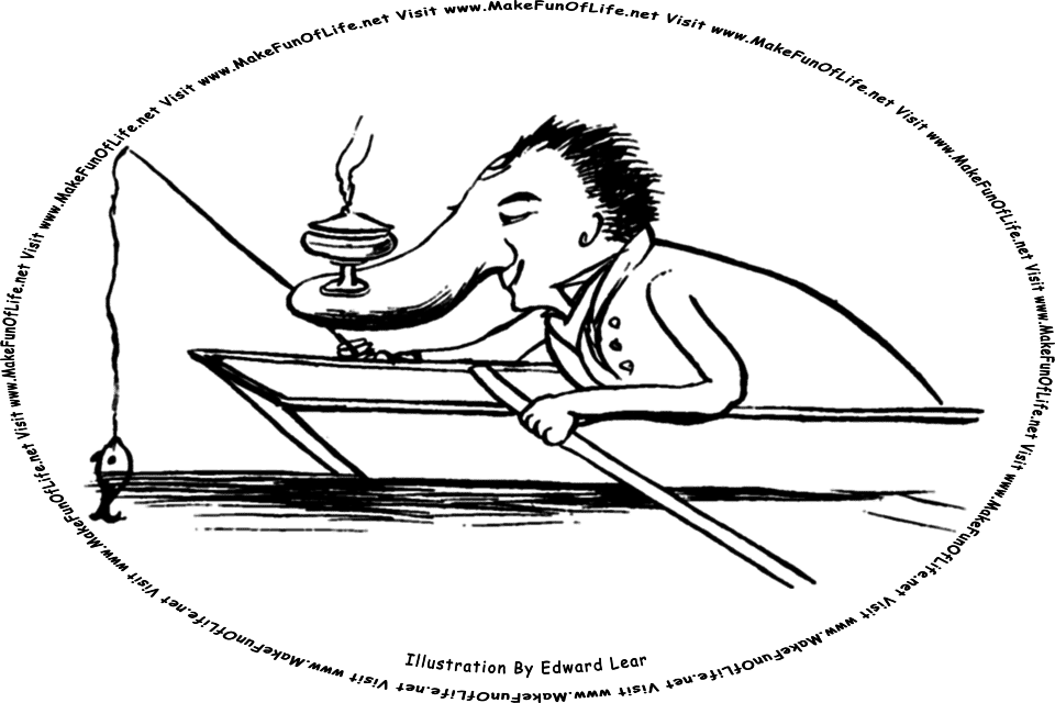 Sketch by Edward Lear of a man in a boat holding a fishing pole, while balancing an oil lamp on his nose, and the words, Visit www.MakeFunOfLife.net.