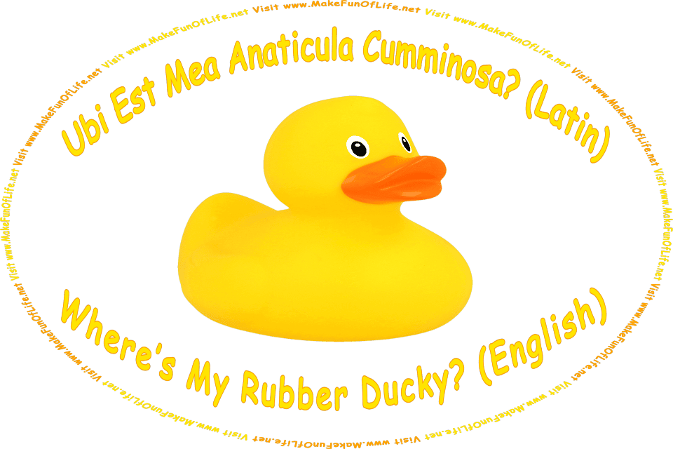 Picture of a toy yellow rubber ducky, and the Latin words, Ubi Est Mea Anaticula Cumminosa? followed by the translation to English, Where’s My Rubber Ducky? - Visit www.MakeFunOfLife.net.