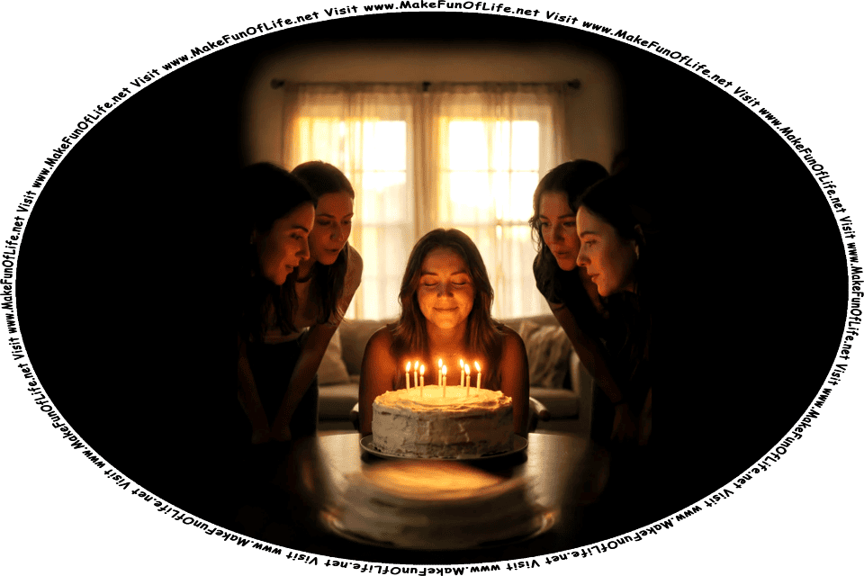 Picture of a happy smiling girl with her eyes closed as she makes a wish before blowing out the candles on her birthday cake, with four of her friends watching, and the words, Visit www.MakeFunOfLife.net.