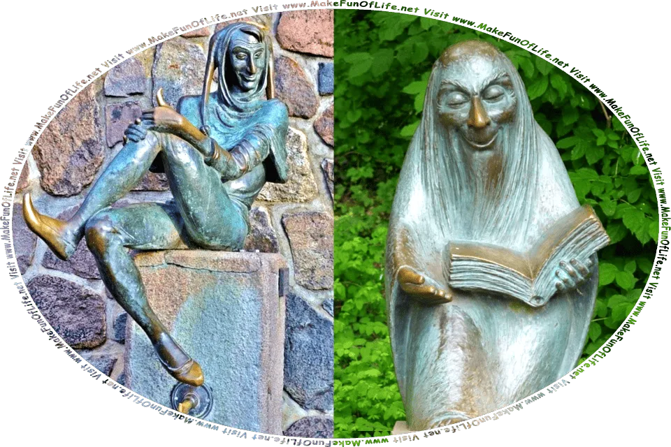 Picture of a statue of Till Eulenspiegel, a prankster character found in folk tales, looking mockingly at a statue of a wizened character reading from a book, and the words, Visit www.MakeFunOfLife.net.