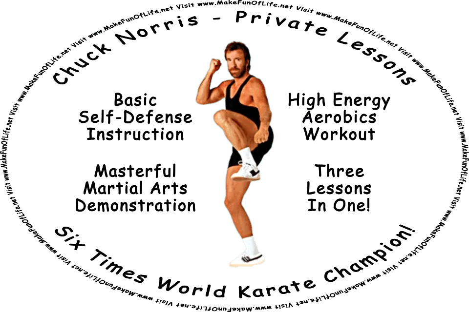 Picture of Chuck Norris demonstrating a Martial Arts defensive stance, with the words, Chuck Norris - Private Lessons, Basic Self-Defense Instruction, High Energy Aerobics Workout, Masterful Martial Arts Demonstration, Three Lessons In One! Six Times World Karate Champion! Visit www.MakeFunOfLife.net.