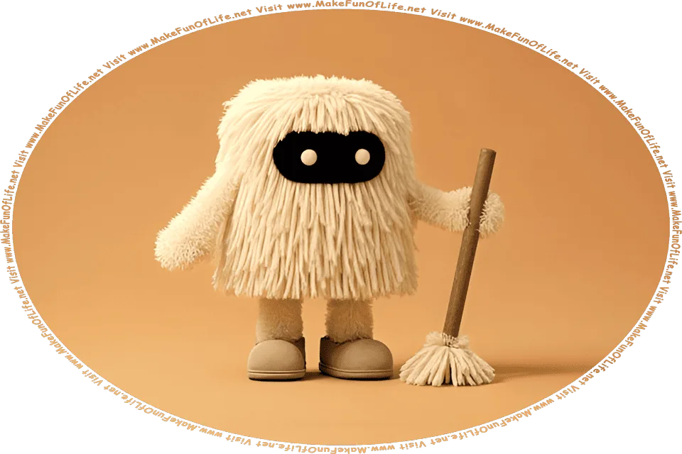 Picture of a make-believe monster, covered with strands of hair that resemble the strands of string on a mop, holding a mop, and the words, Visit www.MakeFunOfLife.net.