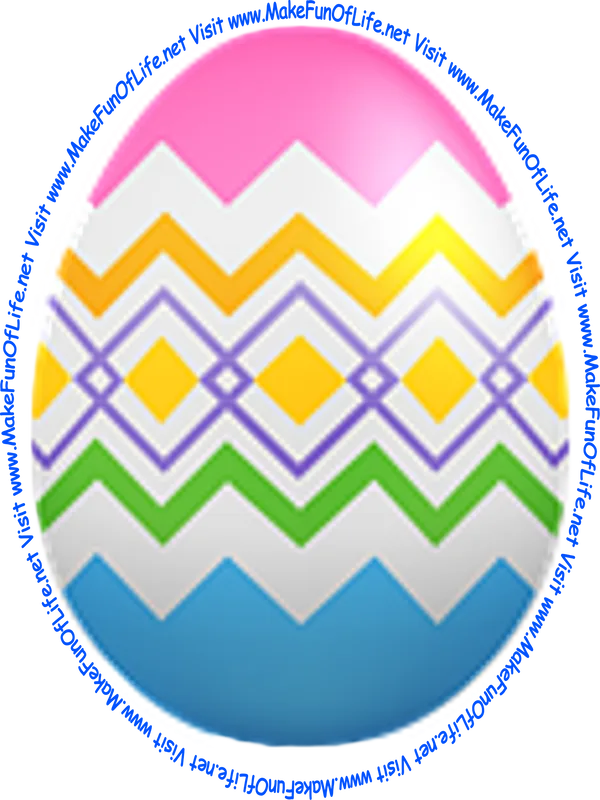 Picture of a decorated Easter egg, pink at one end, blue at the other end, with white zig-zag white, yellow and green lines in the middle.