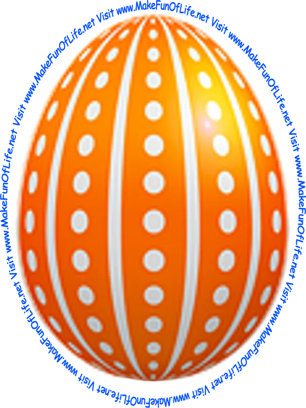 Picture of a decorated Easter egg with white and orange horizontal stripes and white circles along the orange stripes.