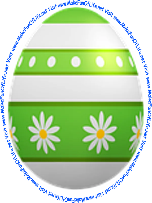 Picture of a decorated Easter egg with green and white horizontal stripes and white and yellow daisy flower blossoms.