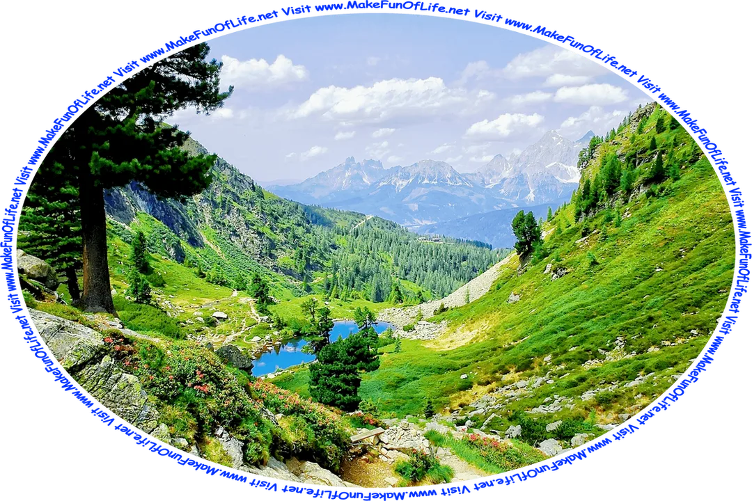 Picture of a valley in a mountainous wilderness area, with evergreen trees, flowering plants with red blossoms, green grass, a small lake, a blue sky with fluffy white clouds above, and the words, ‘Visit www.MakeFunOfLife.net.’