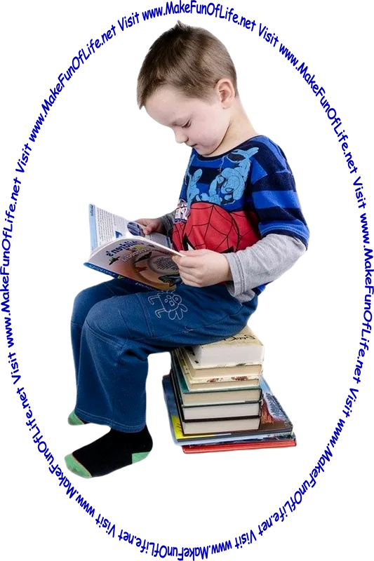 Picture of a boy sitting on a stack of books, reading a book, and the words, 'Visit www.MakeFunOfLife.net.'