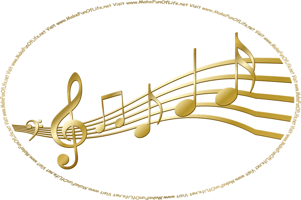 Picture of gold-colored musical notes positioned just above the music or audio controls including the on button and the off button.