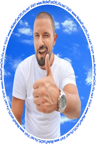 Picture of a happy smiling winking man with thumb up hand gesture and with blue sky and fluffy white clouds in the background.