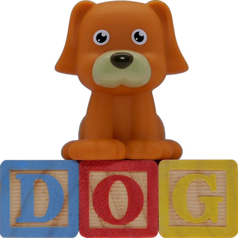 Picture of a toy dog sitting on toy wooden blocks spelling out D-O-G.