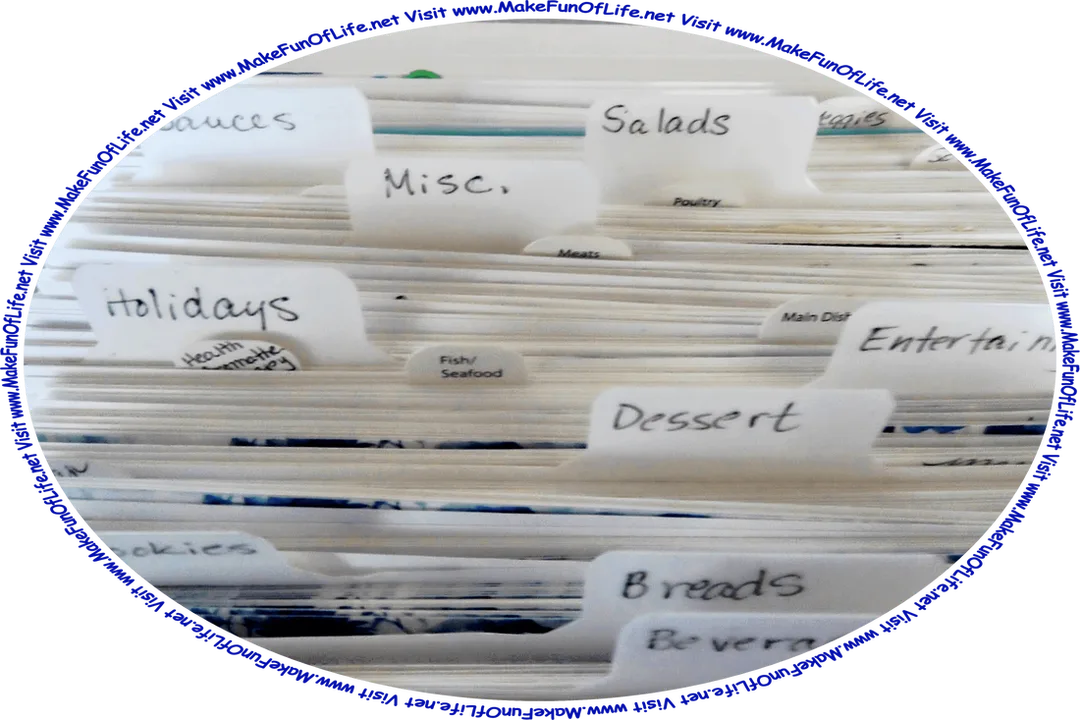 Picture of a recipe card file with divider tabs labeled including dessert, holidays, and breads, and the words, ‘Visit www.MakeFunOfLife.net.’